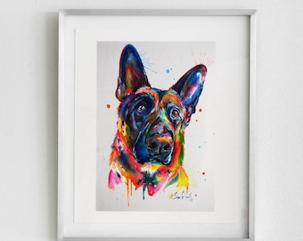 Bright and colorful German Shepherd art, print of my original watercolor painting