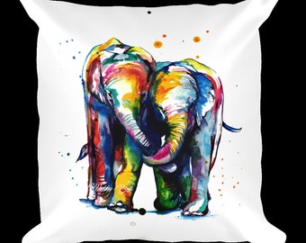 Colorful Elephants Holding Trunks Illustration Pillow