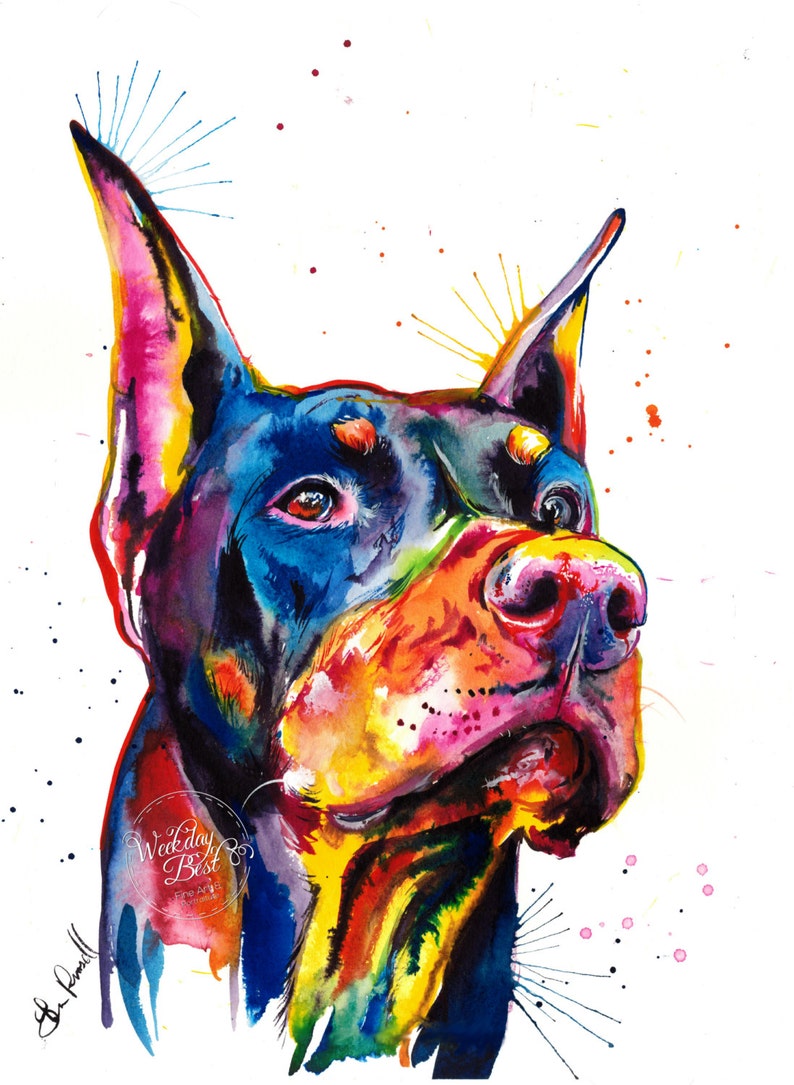 Colorful Doberman Pinscher Art Print Print of my Original Watercolor Painting image 2