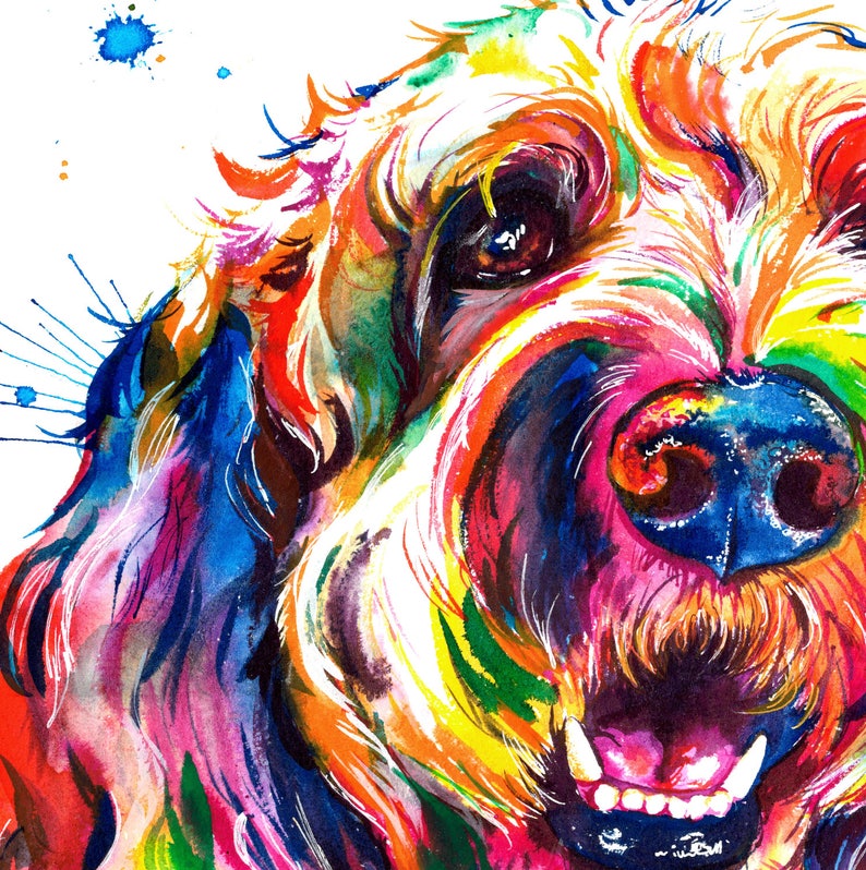 Colorful Goldendoodle or Labradoodle wall art print of my original watercolor painting FREE ship image 3