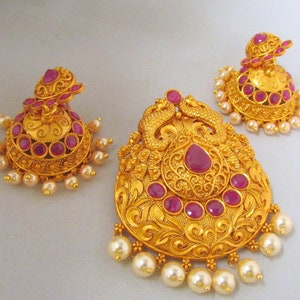 Red-Pink Stone Studded Classic Pendant and Earring Set with Pearl Dangles