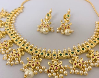 Pearl and Stone Studded Ethnic Indian Choker Necklace and Earrings