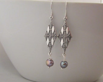 Diamond shape antiqued silver filled Pearl Dangling Earrings