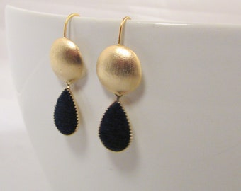 Matte Gold Brushed Dome Navy Blue Velvet Drop Earrings