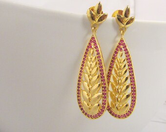 Red Stone Studded Long Tear Drop Shaped Statement Earrings