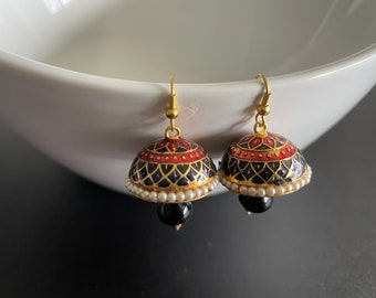 Red and Black Lightweight Meenakari Pearl Handcrafted Indian Jhumka Earrings