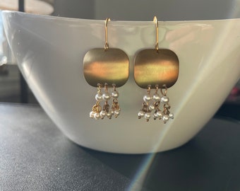 One of a kind antique gold plated brass lightweight pearl hook earrings