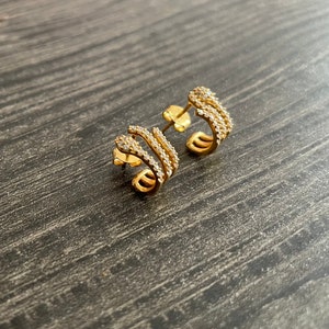 22K Solid Gold CZ Stone Huggies Stud Earrings / 22K Gold Hoop Earrings (Pair)