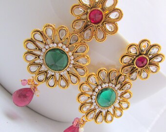 Green and Gold Kundan Bollywood Indian Jewelry - Dangle Earrings