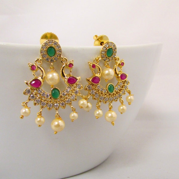 Green Pearl and CZ Studded Ethnic Yet Modern Dangle Earrings - Indian Jewelry, Kundan Earrings, Emerald Earrings, Pearl Earrings