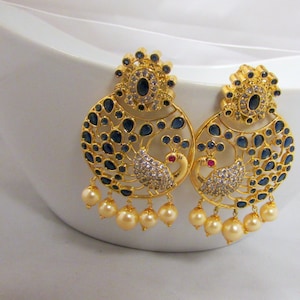 Navy Blue and Golden Stone Studded Statement Earrings