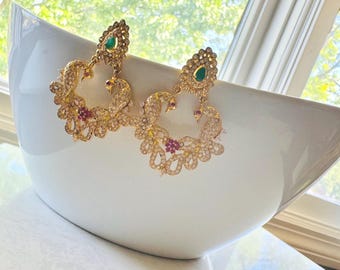 Gold Plated Green and Red CZ Stone Earrings