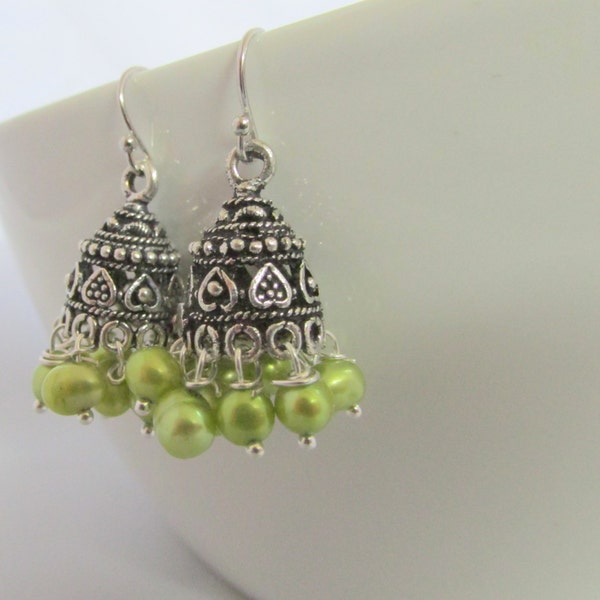 Green Pearls Oxidized Silver Jhumka Earrings