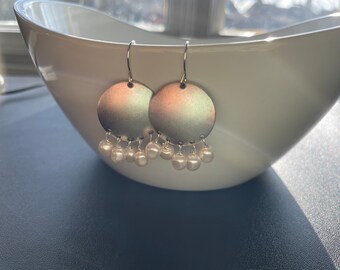 Beautiful Antique Brushed Silver and Pearl Dangle Earrings