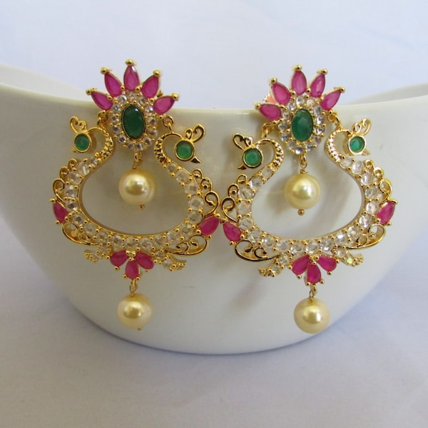 Pink and Green Pearl Gold Plated Bollywood Indian Jumka Chandelier Earrings