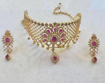 Gold Plated Pearl and CZ Choker Earrings Set
