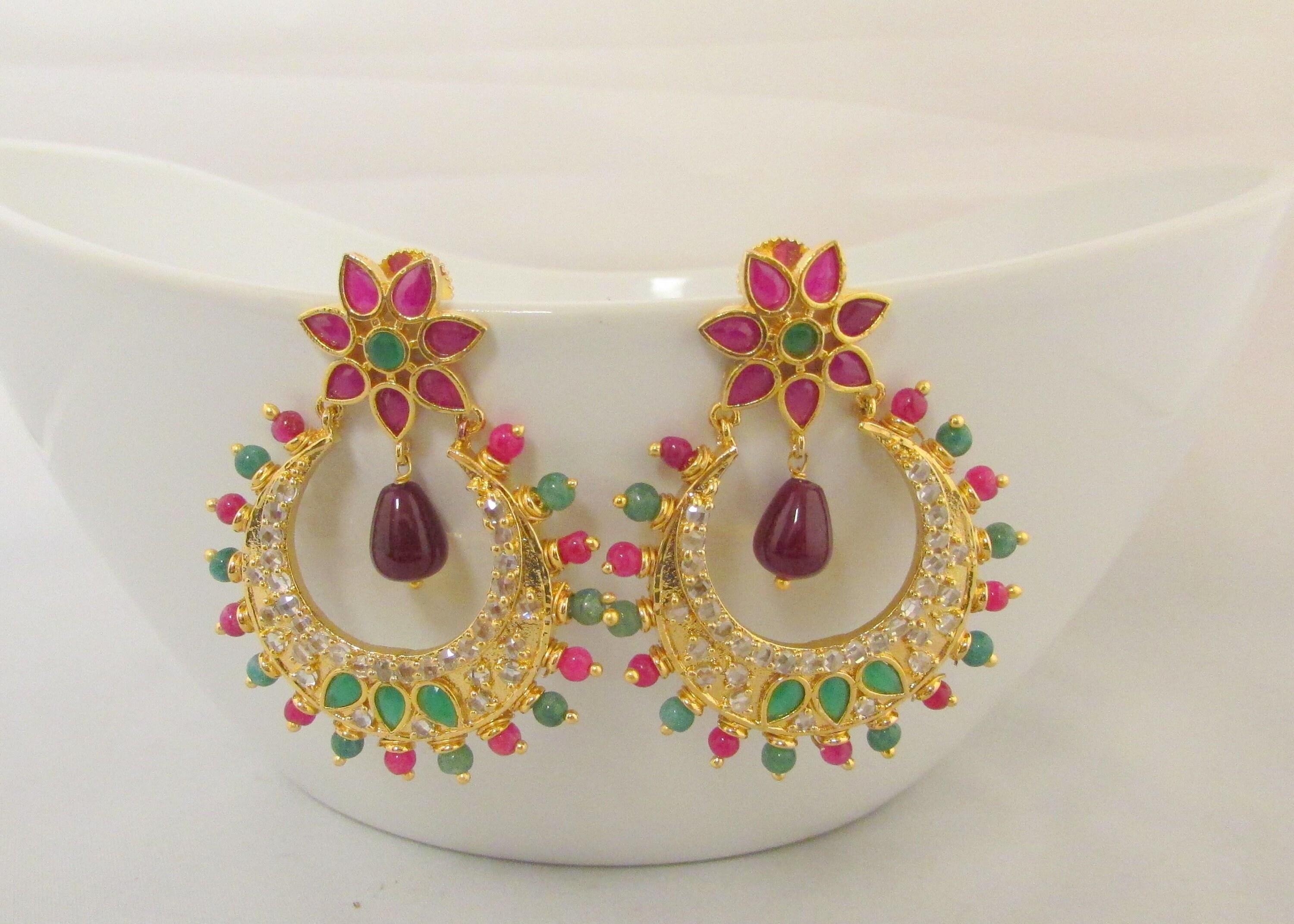 Pink and Green Stone Studded Golden Jhumka Earrings Etsy