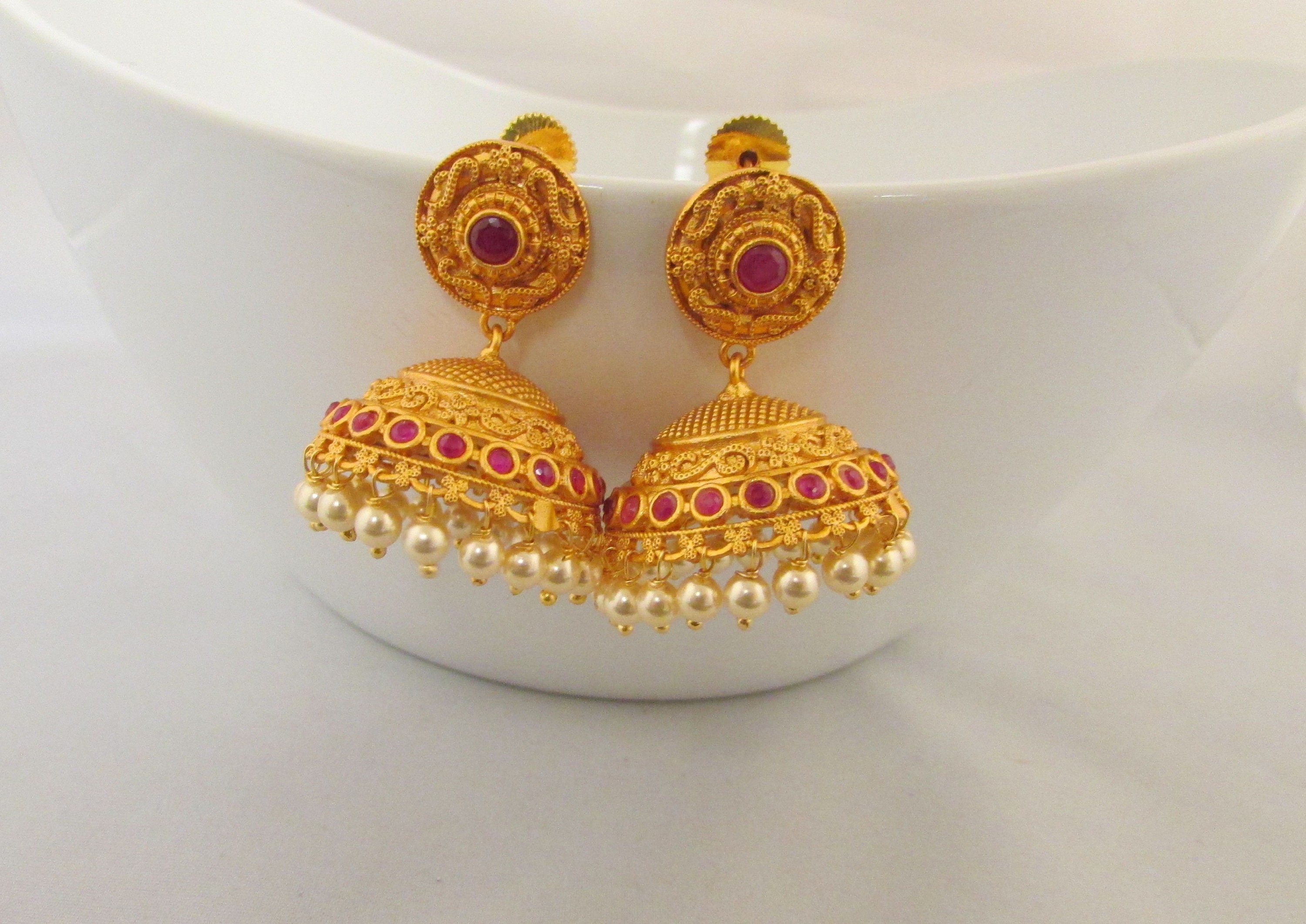 Red stone studded triple layered jhumkas – StylishKudi