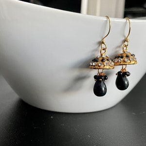 Small Gold and Black Stone Studded Jhumka Earrings