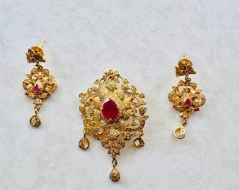 Gold Plated Red and Gold Pendant and Earrings Set