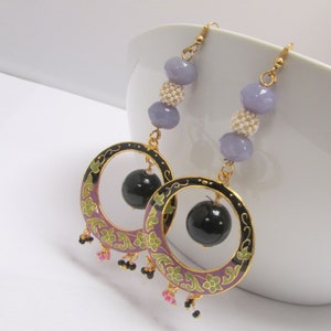 Purple and Black Long Chandelier Meenakari Earrings