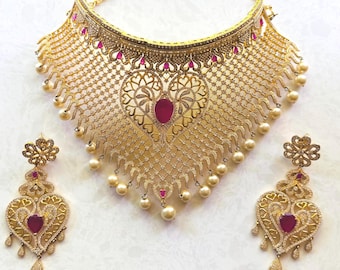 Gold Plated Necklace and Earring Set - Pearl Choker and Earrings Set