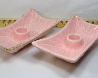 Unique Pink Rectangle Ceramic Pair of Candle Holders