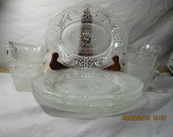 Vintage Clear Indiana Sandwich Glass Set of Four Snack Plates and Cups