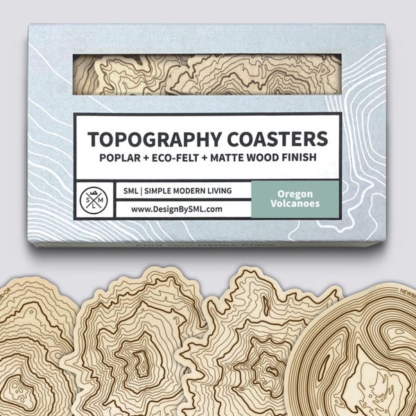 Oregon Volcanos Coaster Set | Handmade Wooden Coasters | Oregon Mountain Map
