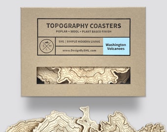 Washington Volcanoes Topographic Coasters • Pacific Northwest Mountains • Coaster Set of 4