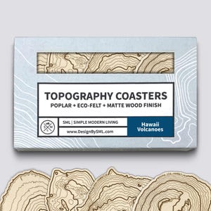 Ensemble de sous-verres Topographie des volcans hawaïens • Haleakalā • Hualālai • Mauna Kea • Mauna Loa • Art insulaire • Sous-bocks en bois