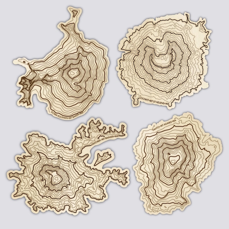 Washington Volcanoes Coaster Set | Handmade Wooden Coaster | Washington Mountain Map image 2