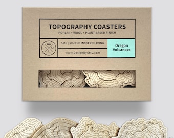 Oregon Mountain Topography Coasters Set • Mt Hood, Mt Bachelor, Mt Jefferson, Newberry Volcano  • Pacific Northwest Art • Wooden Coasters