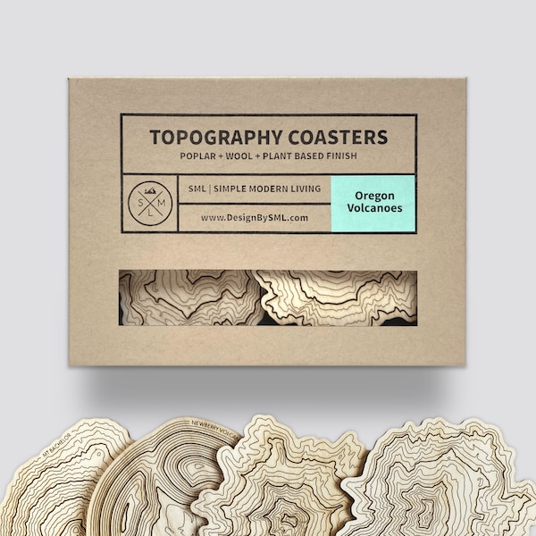 Oregon Mountain Topography Coasters Set • Mt Hood, Mt Bachelor, Mt Jefferson, Newberry Volcano  • Pacific Northwest Art • Wooden Coasters