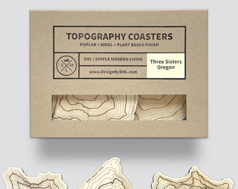 Three Sisters Topography Coasters Set • Oregon Mountains Art • Pacific Northwest Wooden Coasters