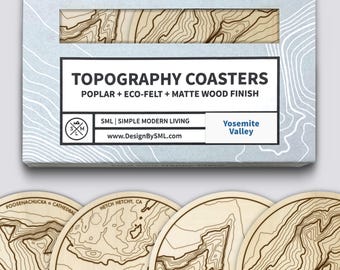 Yosemite Valley Coaster Set | Handmade Wooden Coaster | California Mountain Map