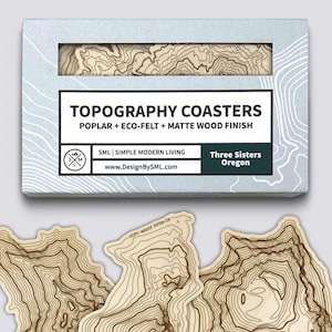 Three Sisters Topography Coasters Set • Oregon Mountains Art • Pacific Northwest Wooden Coasters