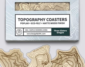 Juego de posavasos de las Tres Hermanas / Posavasos de madera hechos a mano / Mapas de las montañas de Oregón