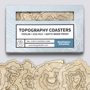 Washington Volcanoes Untersetzer | Handgemachte Holzuntersetzer | Landkarte der Washington Berge