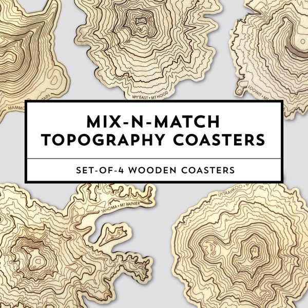 Mix-N-Match Topography Coasters • Wooden Coasters Set of 4 • Washington • Oregon • California • Colorado Mountains • Build Your Own Set