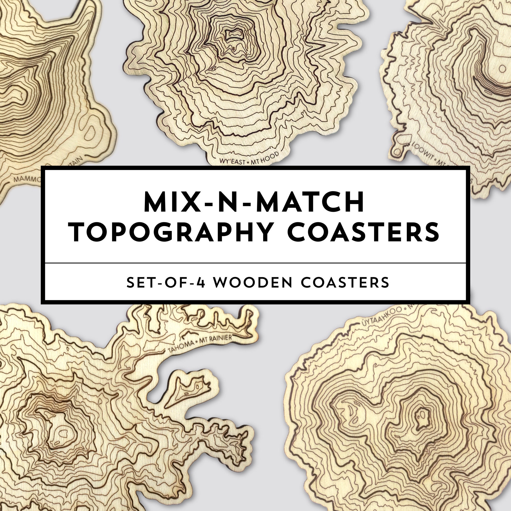 Mix-N-Match Topografie Untersetzer • 4er Set Holzuntersetzer • Washington • Beton • Beton • Betonung • Betonung