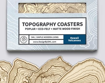 Hawaii Volcano Coasters Set | Handmade Wooden Coaster | Hawaii Contour Maps