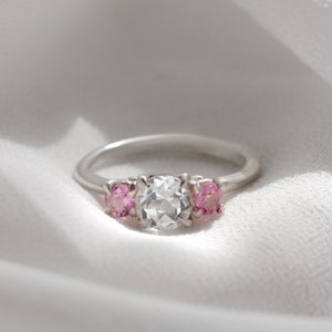 Threestone White Topaz & Pink Topaz Engagement Ring
