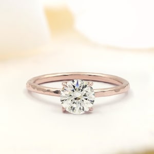 Ashbury Hammer Finish Solitaire Engagement, Dainty Minimalist Round Diamond Ring in Silver, Solid Gold, or Plated Gold Options