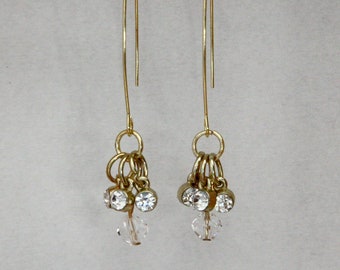 Gold and Clear Crystal Earrings, Gold Marquise Ear Wire and Clear Crystal Earrings, Long Gold and Clear Crystal Earrings