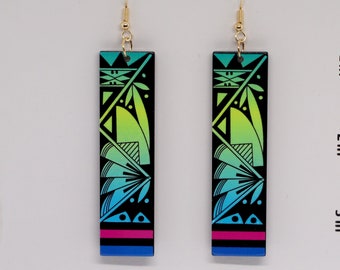 Multi-Color Polynesian Design Acrylic Earrings, Long Multi_Color Acrylic Earrings, Green, Yellow and Blue Acrylic Rectangle Earrings