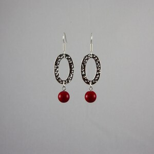 Silver and Red Earrings, Silver Earrings, Silver Oval and Red Earrings, Silver and Red Earrings