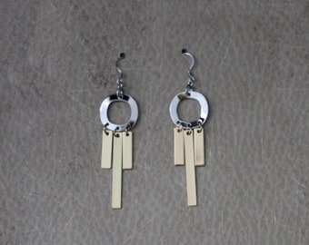 Silver and Gold Earrings, Silver Circle and Gold Bar Dangle Long Earrings, Silver and Gold Long Earrings, Circle and Bar Earrings