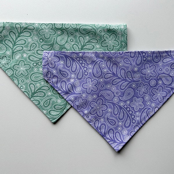 Extra Small Reversible Dog Bandana, XS Dog Bandana, Purple Paisley Dog Bandana, Over the Collar Bandana, Green Paisley Bandana, Lavender