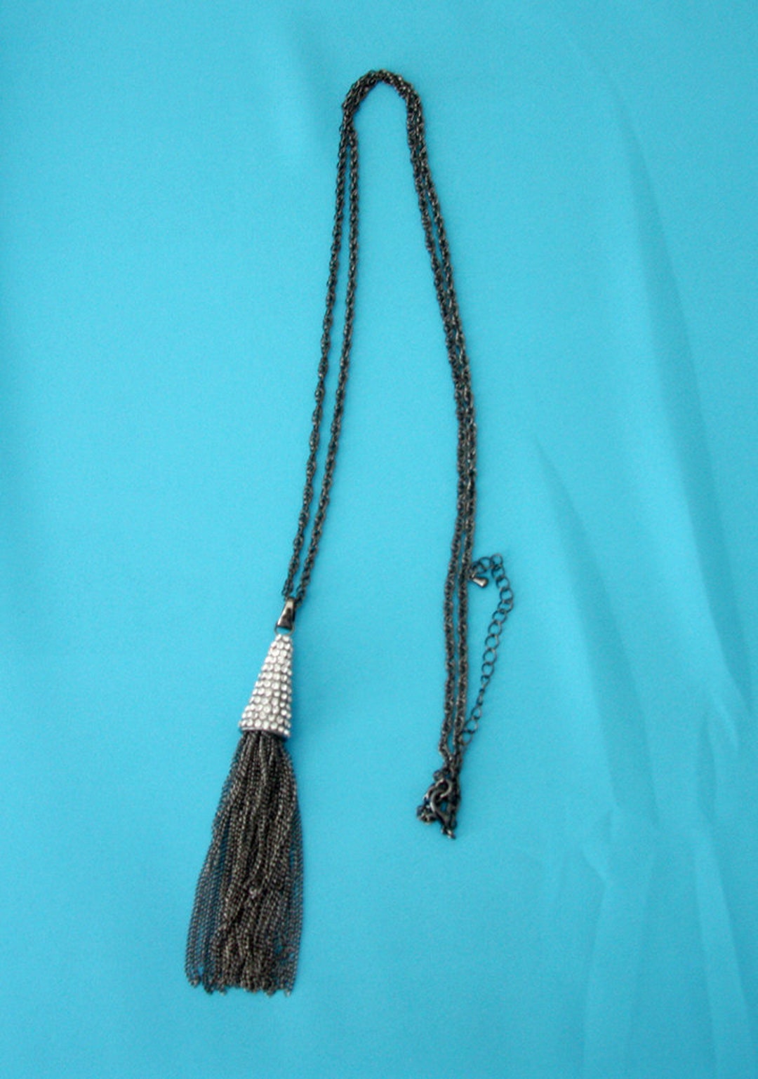 Gunmetal Tassel Necklace, Long Gunmetal Necklace, Gray Necklace With